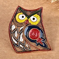 Ceramic magnet, 'Owl Wisdom' - Owl and Pomegranate Ceramic Magnet Hand-Painted in Armenia