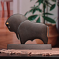 Wood sculpture, 'Night Bull' - Hand-Carved Black Elm Tree Wood Bull Sculpture with Base