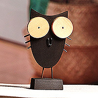 Wood sculpture, 'Big Eyes Owl' - Owl-Themed Tilia Wood and Stainless Steel Sculpture in Black
