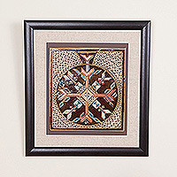 Ceramic and wood wall art, 'New Beginnings' - Pomegranate-Themed Traditional Ceramic and Wood Wall Art