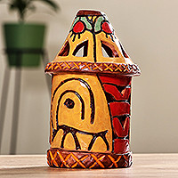 Ceramic candleholder, 'Joyous Beacon' - Handcrafted Traditional Yellow and Red Ceramic Candleholder