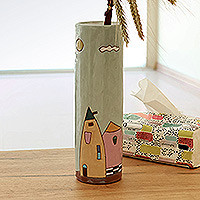 Glazed ceramic vase, 'Delightful Homes' - Hand-Painted Glazed Ceramic Vase with House Motif in Green