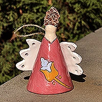 Glazed ceramic bell ornament, 'Angelic Flower in Red' - Floral Angel-Themed Red and Orange Ceramic Bell Ornament
