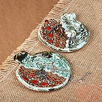 Ceramic catchalls, 'From the Sky' (pair) - Pair of Glazed Aqua and Red Ceramic Pomegranate Catchalls