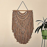 Cotton macrame wall hanging, 'Ancient Braids' - Handwoven Light Brown Cotton Macrame Wall Hanging