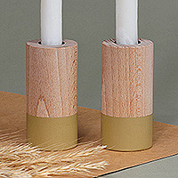 Wood candleholders, 'Minimalist Light' (pair) - Minimalist Brown and Olive Green Beechwood Candleholder Pair