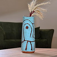 Ceramic vase, 'Ancestral Pillar' - Tall Turquoise Ceramic Vase with Ancient Pictographs