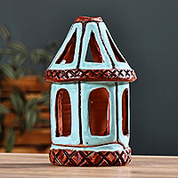 Ceramic candleholder, 'Serene Beacon' - Handcrafted Traditional Blue and Brown Ceramic Candleholder