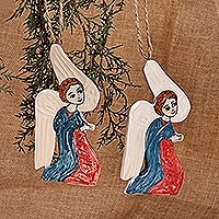 Ceramic ornaments, 'Praying Angels' (pair) - Pair of Angel-Themed Hand-Painted Glazed Ceramic Ornaments