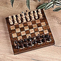 Wood mini chess set, 'Checkmate Conquest' - Wood Mini Chess Game Set Hand Carved in Armenia