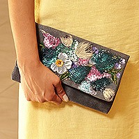 Velvet clutch, 'Armenian Breeze' - Hand-Painted Floral Grey Velvet Clutch from Armenia
