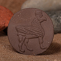 Ceramic magnet, 'Griffon Legacy' - Round Brown Ceramic Urartian Griffon Magnet Made in Armenia