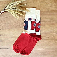 Cotton blend socks, 'Yerevan Patterns' - Cotton Blend Socks with Traditional Armenian Patterns