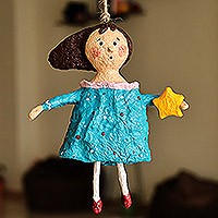 Papier mache ornament, 'Anna' - Hand-Painted Wish Star-Themed Papier Mache Ornament in Blue