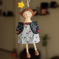 Papier mache ornament, 'Little Sophie' - Painted Wish Star and Heart-Themed Papier Mache Ornament