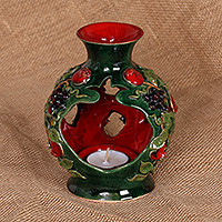 Ceramic tealight holder, 'Prosperous Aroma' - Glazed Pomegranate Green and Red Ceramic Tealight Holder