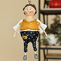 Papier mache ornament, 'Angelo' - Hand-Painted Whimsical Papier Mache Flying Kid Ornament
