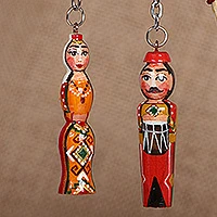 Wood keychains, 'Flaming Taraz' (set of 2) - Set of 2 Orange and Red Taraz Couple Beechwood Keychains