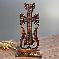 Wood cross, 'Sylvan Nobility' - Traditional Hand-Carved Dark Brown Beechwood Cross