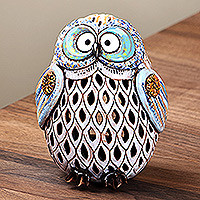 Ceramic tealight holder, 'Light Owl' - Handcrafted Painted Blue Owl-Shaped Ceramic Tealight Holder