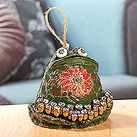 Ceramic bell ornament, 'Froggy Teacher' - Whimsical Handcrafted Painted Frog Ceramic Bell Ornament