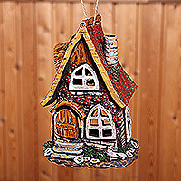 Ceramic tealight holder, 'Warm Home' - House-Themed Brown Painted Ceramic Tealight Holder
