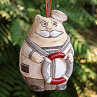 Ceramic bell ornament, 'Captain Cat' - Painted Nautical Cat Ceramic Bell Ornament with Leather Cord