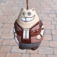 Ceramic bell ornament, 'Gallant Cat' - Hand-Painted Cat Ceramic Bell Ornament with Leather Cord