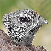 Gold accent amethyst ring, 'Starling's Gaze' - Amethyst Sterling Silver Gold Accent Ring Indonesia