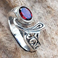 Garnet cocktail ring, 'Jimbaran' - Ornate Asymmetrical Garnet and Sterling Silver Ring