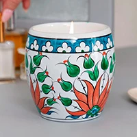 Ceramic candleholder with candle, 'Storied Glow-Dahlia' - Hand-Painted Ceramic Candleholder with Hand-Poured Candle