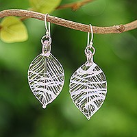 Handblown glass dangle earrings, 'Tender Foliage' - Handblown Leafy Pink and White Glass Dangle Earrings