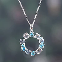 Multi-gemstone pendant necklace, 'Oceanic Wreath of Gems' - Blue Topaz Reconstituted Turquoise Quartz Pendant Necklace