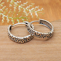 Sterling silver hoop earrings, 'The Era of Love' - Romantic Sterling Silver Hoop Earrings with Heart Motifs