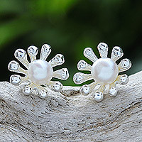 Cultured freshwater pearl button earrings, 'Underwater Flower' - Thai Cultured Pearl and Sterling Silver Button Earrings