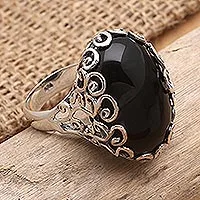 Onyx cocktail ring, 'Licorice Candy' - Unisex Sterling Silver and Onyx Cocktail Ring