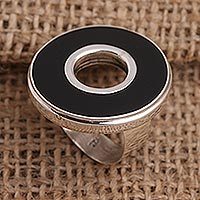Sterling silver cocktail ring, 'In the Round - Black' - Black Resin and Sterling Silver Cocktail Ring