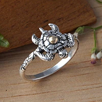 Gold-accented cocktail ring, 'Baby Turtle' - 18k Gold-Accented Silver Cocktail Ring with Turtle Motif