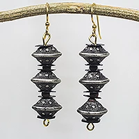 Recycled plastic dangle earrings, 'Old World Allure' - Recycled Plastic Silver Finish and Black Dangle Earrings