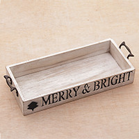 Wood decorative tray, 'Merry and Bright' - Inspirational Wood Decorative Tray with Handles from Java
