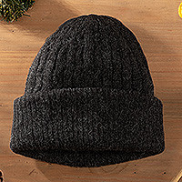 100% alpaca hat, 'Charcoal Style' - 100% Alpaca Knit Textured Beanie Hat in Grey Hue from Peru