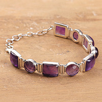 Amethyst link bracelet, 'Connected to Wisdom' - 14-Carat Amethyst and Polished Sterling Silver Link Bracelet