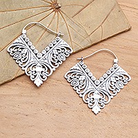 Sterling silver hoop earrings, 'Rhapsody in V' - Ornate Balinese Sterling Silver Squared Hoop Earrings