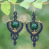 Agate and brass macrame dangle earrings, 'Prosperous Arts' - Handcrafted Green Agate and Brass Macrame Dangle Earrings