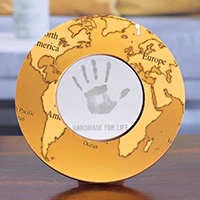 Wood photo frame, 'Charming Cartography' (4 inch) - Round Yellow Brown Map Laminated Wood Photo Frame (4 Inch)