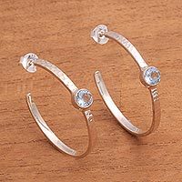 Blue topaz half-hoop earrings, 'Pretty Paradox' - Sterling Silver Hammered Blue Topaz Half-Hoop Earrings