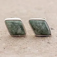 Jade stud earrings, 'Mayan Elegance in Green' - Green Jade and 925 Silver Rhombus Earrings from Guatemala