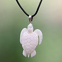 Bone pendant, 'White Turtle' - Hand Crafted White Turtle Pendant