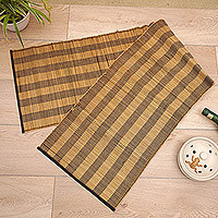 Cotton blend table runner, 'Warm Stripes' - Handcrafted Cotton Blend Table Runner with Striped Pattern