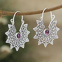Garnet hoop earrings, 'Floral Wheel' - Sterling Silver Hoop Earrings with Garnets and Jali Accents